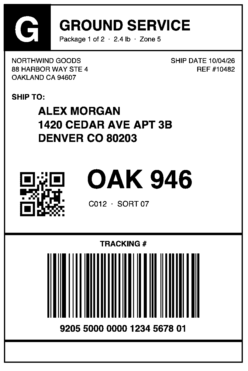 The first label, cut out and filling a 4×6 label