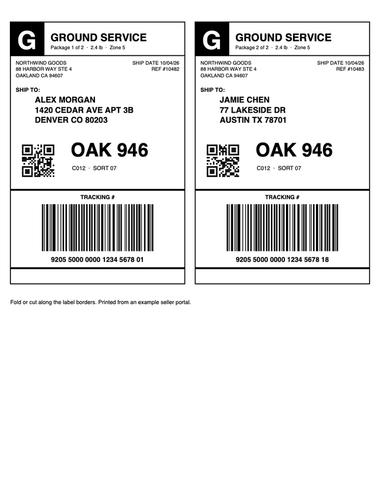 Two shipping labels printed side by side on a letter-size sheet, with a note below